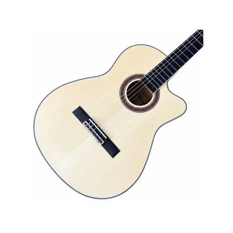 Detalle del cuerpo y la roseta de la guitarra Granada Concert CE Natural