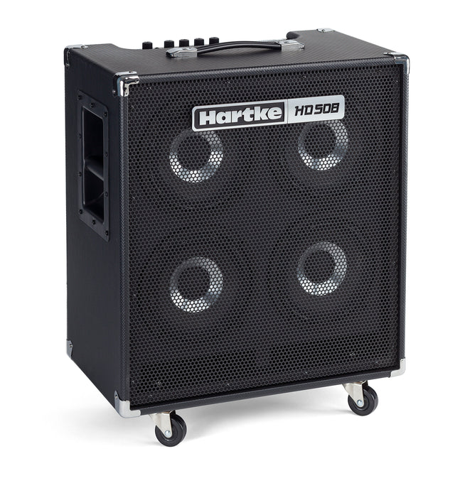 Amplificador Hartke HD508 vista diagonal con ruedas