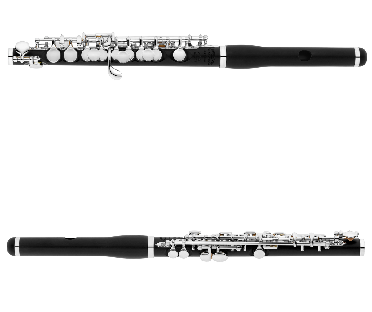 Piccolo Haynes Amadeus AP46 con cabeza tradicional completo, vistas frontal y posterior