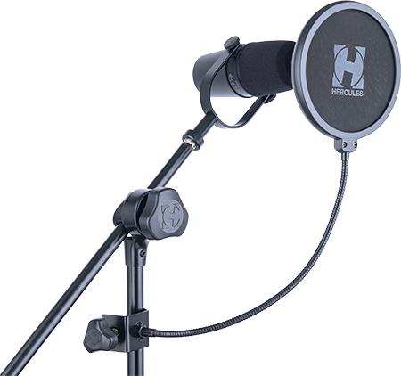 Filtro antipop HERCULES MH200B instalado en un soporte de micrófono