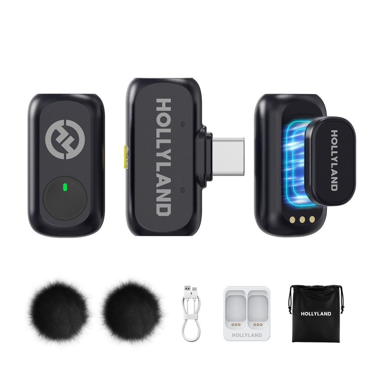 Hollyland LARK A1 Mini Duo USB-C gris con dos transmisores, receptor y accesorios