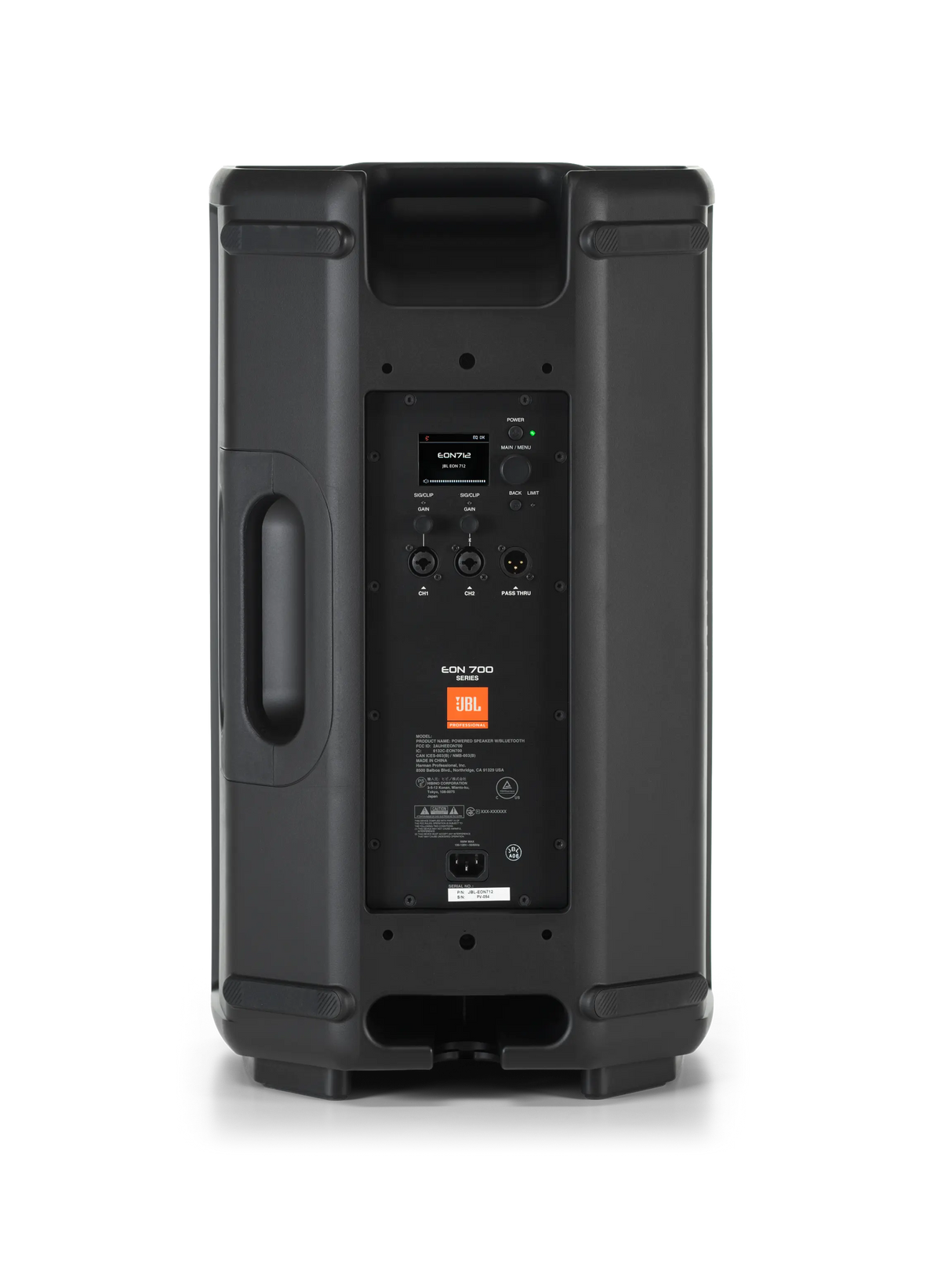 Cabina activa JBL EON712, vista posterior del panel