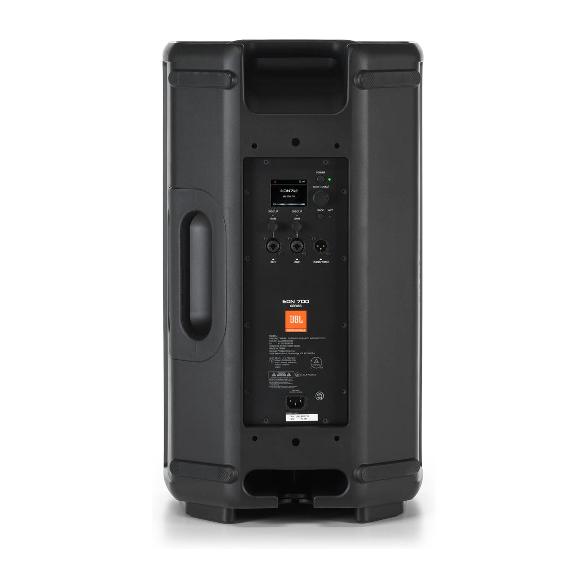 JBL EON712 vista posterior y panel de conexiones