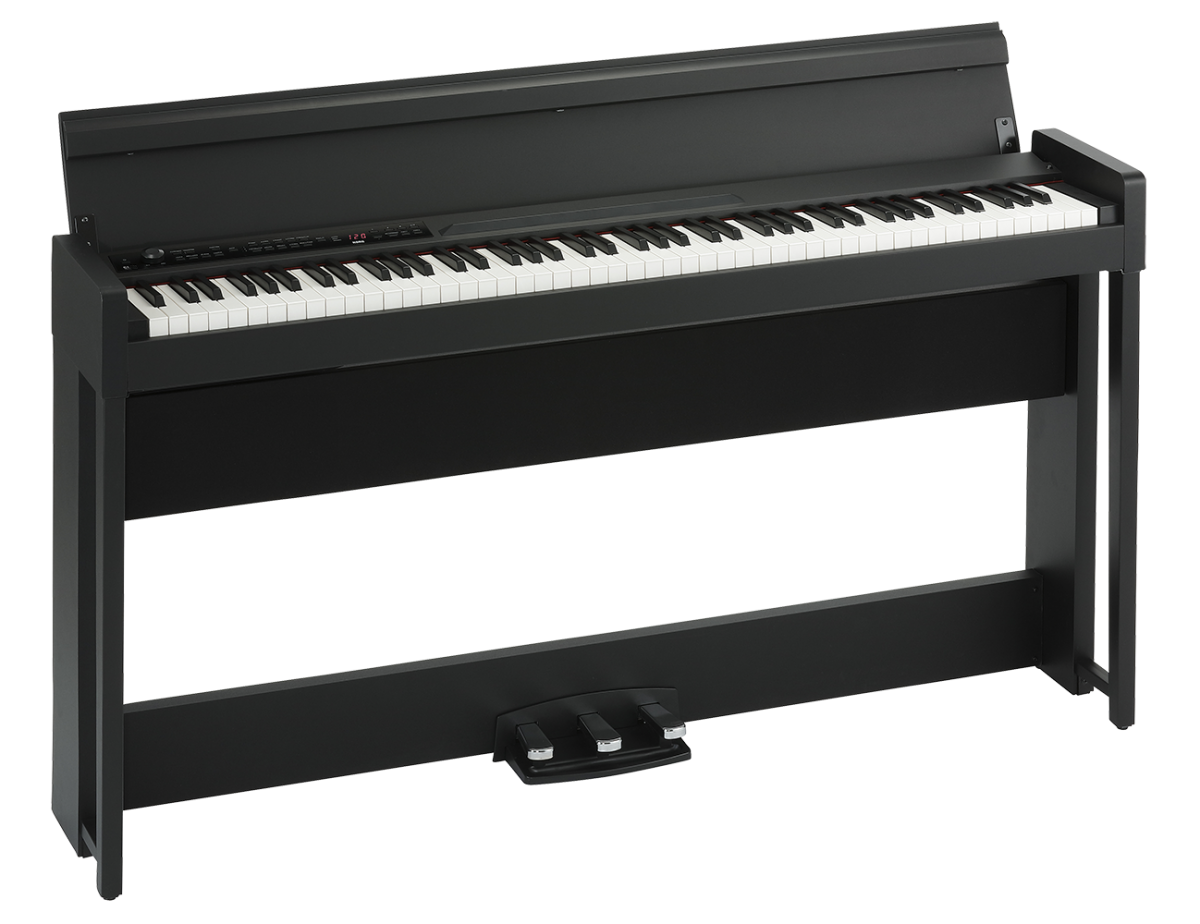 KORG C1-BK piano digital negro con mueble y tres pedales, vista frontal