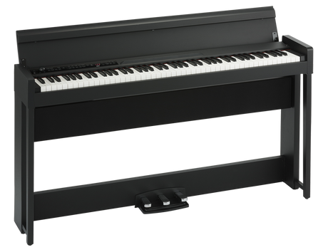 KORG C1-BK piano digital negro con mueble y tres pedales, vista frontal