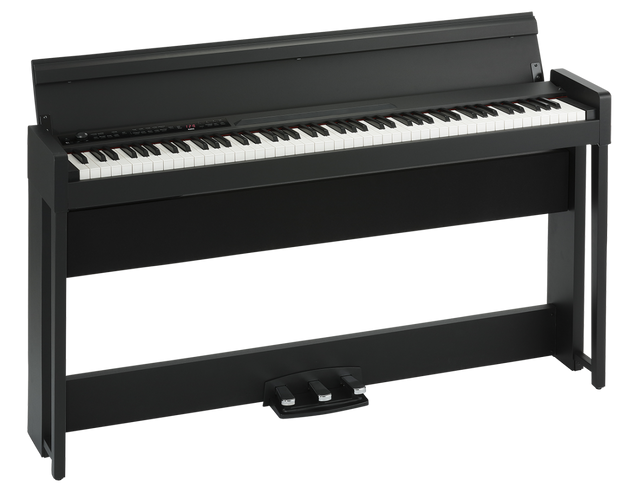KORG C1-BK piano digital negro con mueble y tres pedales, vista frontal