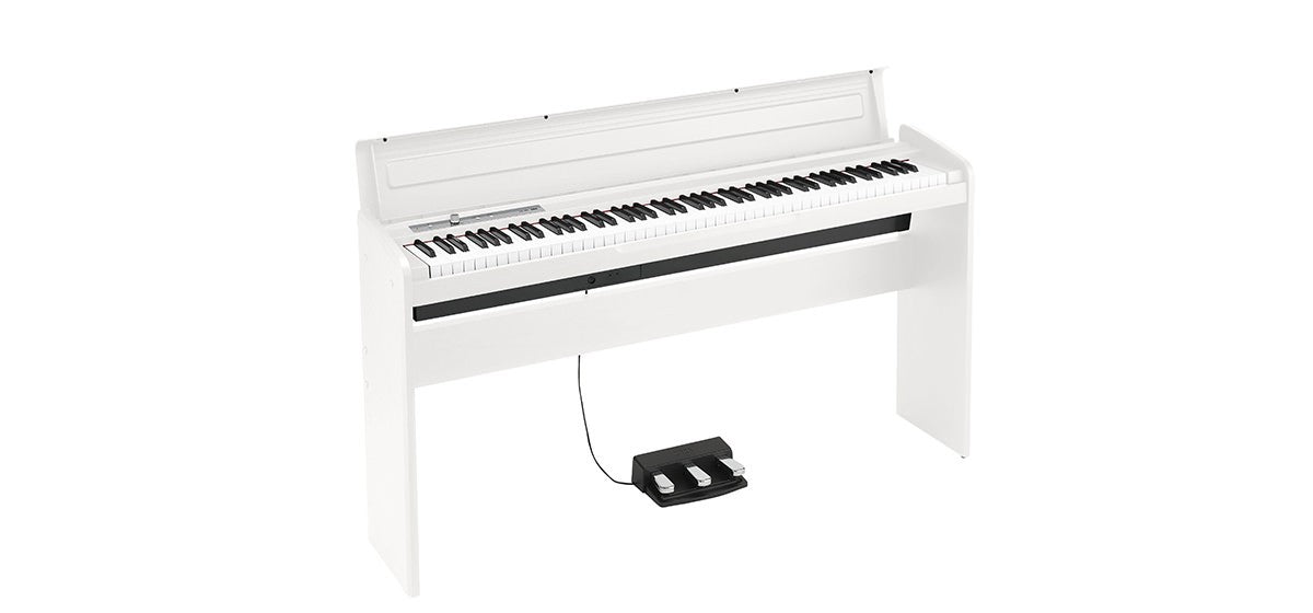 KORG LP-180-WH piano digital blanco con mueble, vista en ángulo