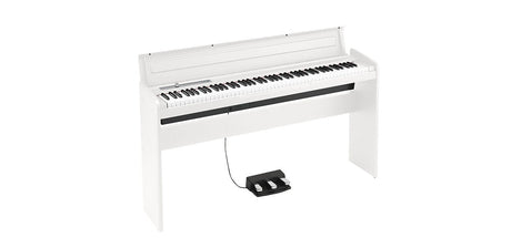 KORG LP-180-WH piano digital blanco con mueble, vista en ángulo