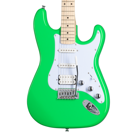 Guitarra Kramer Focus VT-211S Neon Green – detalle del cuerpo, pastillas y puente