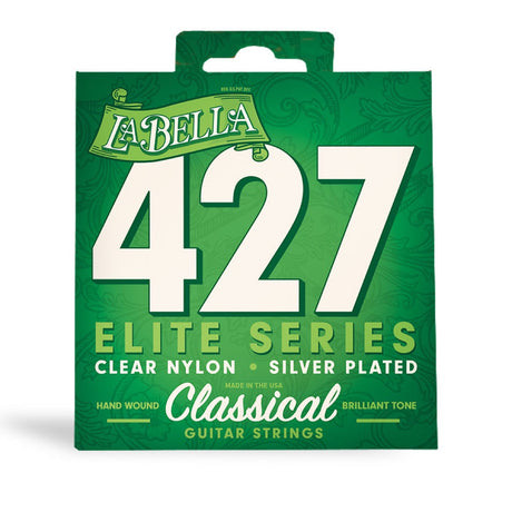 Cuerdas La Bella 427 Elite de nylon transparente y bajos plateados para guitarra clásica