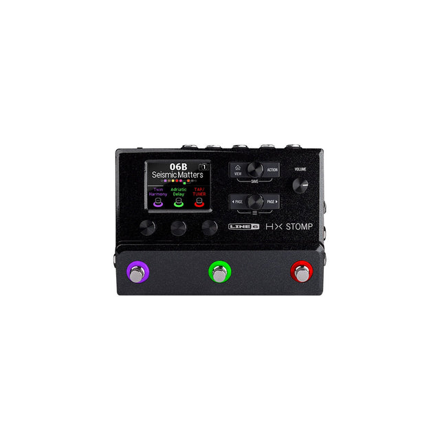 Procesador Line 6 HX Stomp negro, vista superior sobre fondo blanco