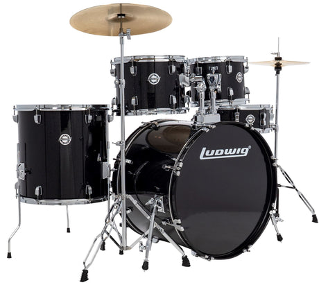 Batería acústica Ludwig Accent negra, kit completo con platillos y hardware