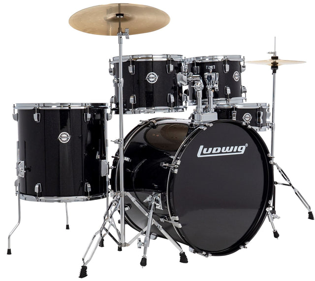 Batería acústica Ludwig Accent negra, kit completo con platillos y hardware