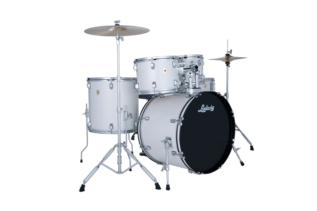 Batería acústica Ludwig Accent Snow Dust blanca, vista frontal diagonal