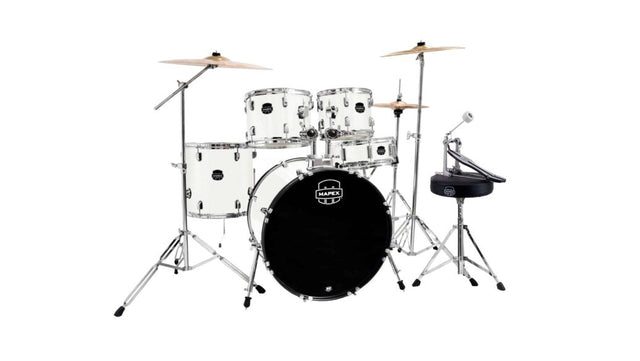Batería Mapex Comet CM5295FTC White Thin Grain con hardware, platillos y banqueta, vista completa