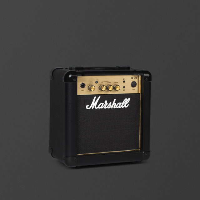 Marshall MG10 Black and Gold, vista frontal en tres cuartos