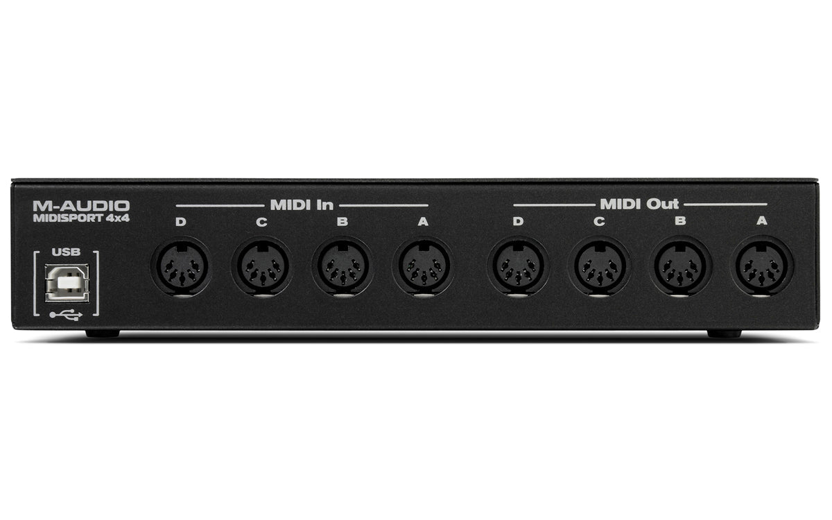 Interfaz M-Audio MIDISPORT 4x4, panel posterior y conexiones MIDI