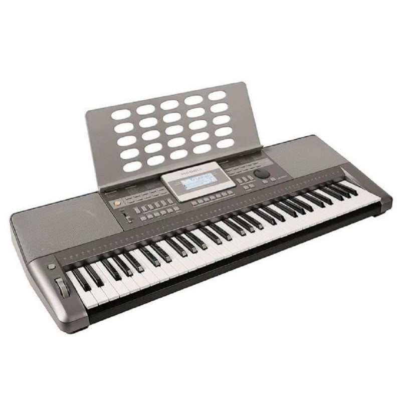 Teclado Medeli A100 gris con atril, vista diagonal