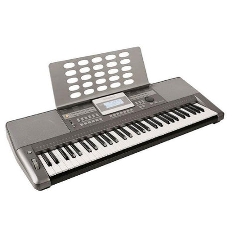 Teclado Medeli A100 gris con atril, vista diagonal