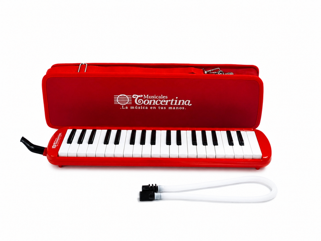 Melódica Concertina MD-37K roja con estuche y accesorios sobre fondo blanco