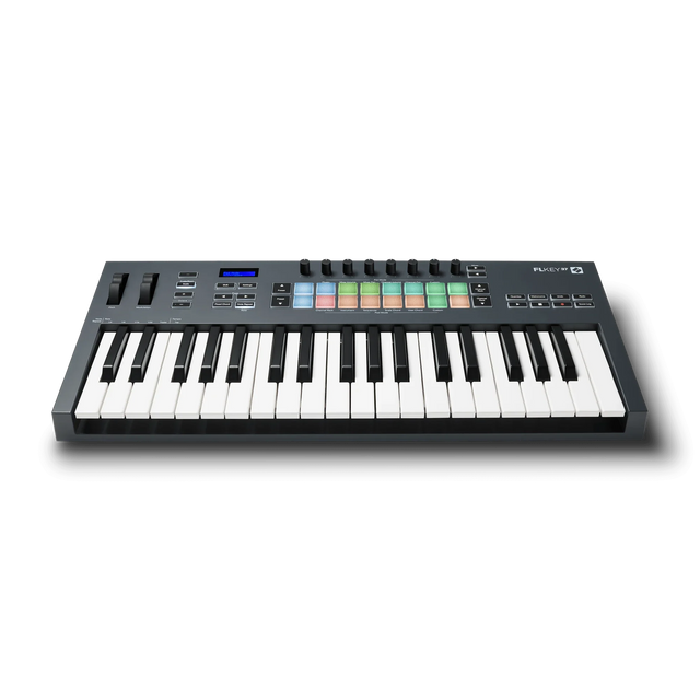 Controlador MIDI Novation FLkey 37 MK1 en vista frontal elevada