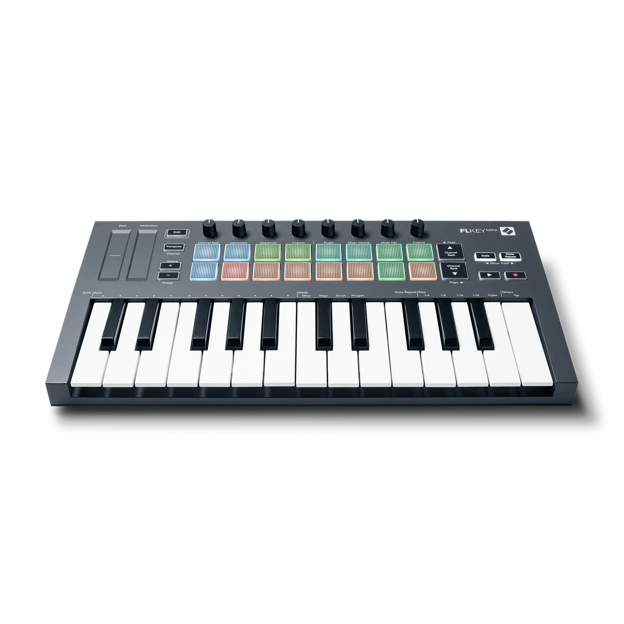 Controlador MIDI Novation FLkey Mini MK1 en vista frontal elevada