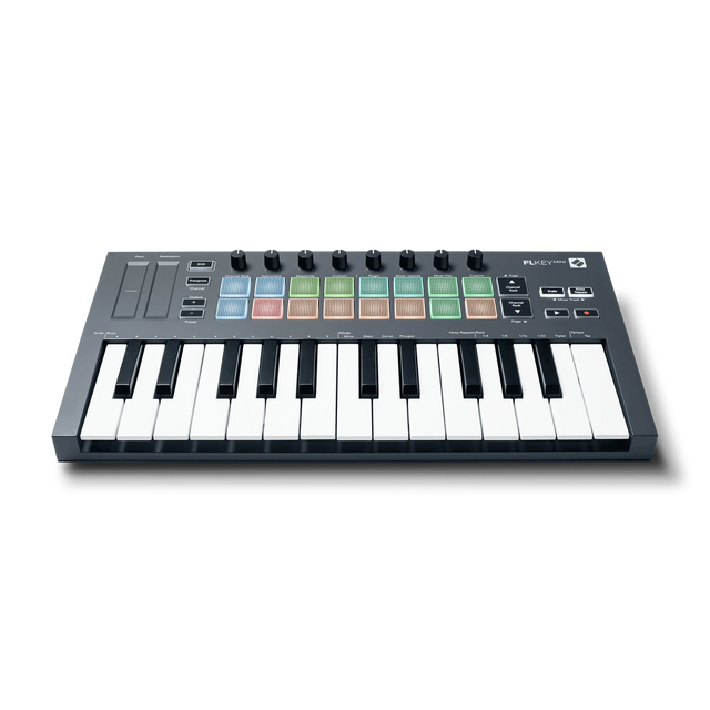 Controlador MIDI Novation FLkey Mini MK1 en vista frontal elevada