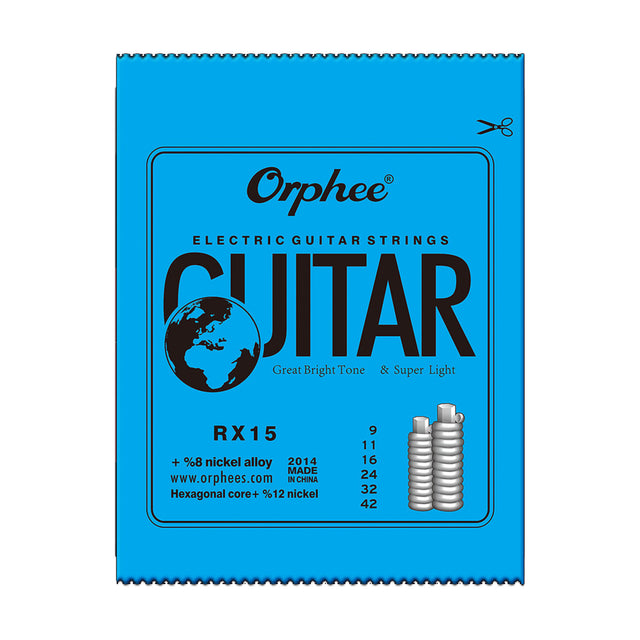 Empaque oficial del encordado Orphee RX15 para guitarra eléctrica, calibre .009–.042