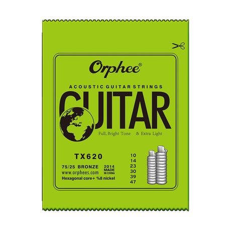 Empaque oficial del encordado Orphee TX620 para guitarra acústica, calibre .010–.047