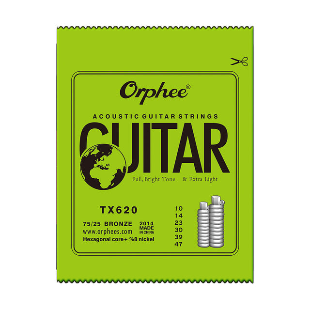 Empaque oficial del encordado Orphee TX620 para guitarra acústica, calibre .010–.047