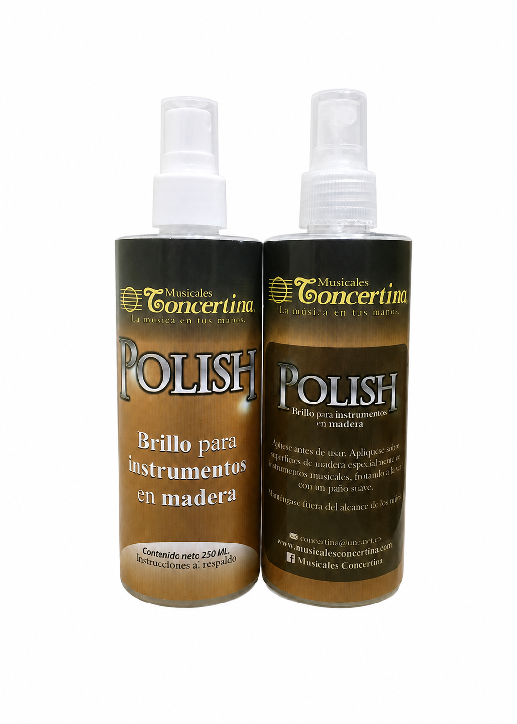 Polish Concertina para instrumentos de madera, dos frascos de 250 ml sobre fondo blanco