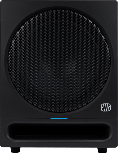 Subwoofer de estudio PreSonus Eris Pro Sub 10 vista frontal completa sobre fondo blanco
