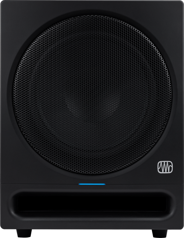 Subwoofer de estudio PreSonus Eris Pro Sub 10 vista frontal completa sobre fondo blanco