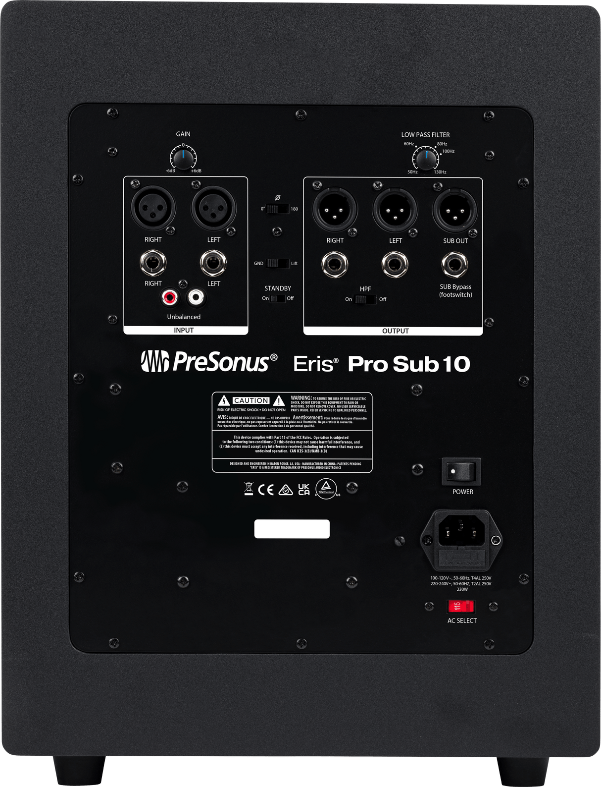 Subwoofer de estudio PreSonus Eris Pro Sub 10 vista posterior completa sobre fondo blanco