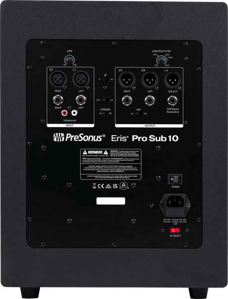 Subwoofer de estudio PreSonus Eris Pro Sub 10 vista posterior completa sobre fondo blanco