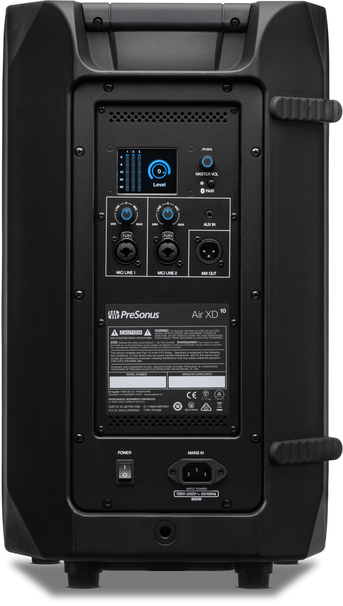 Cabina activa PreSonus AIR XD 10 vista posterior completa sobre fondo blanco