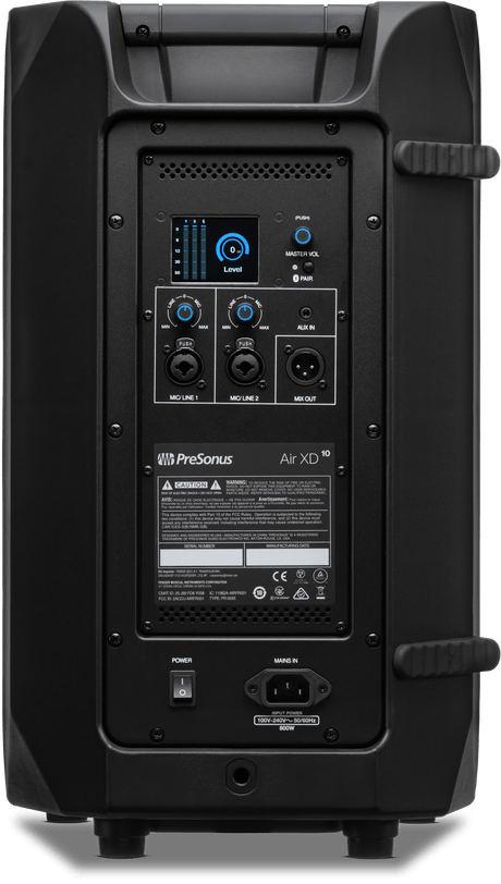 Cabina activa PreSonus AIR XD 10 vista posterior completa sobre fondo blanco
