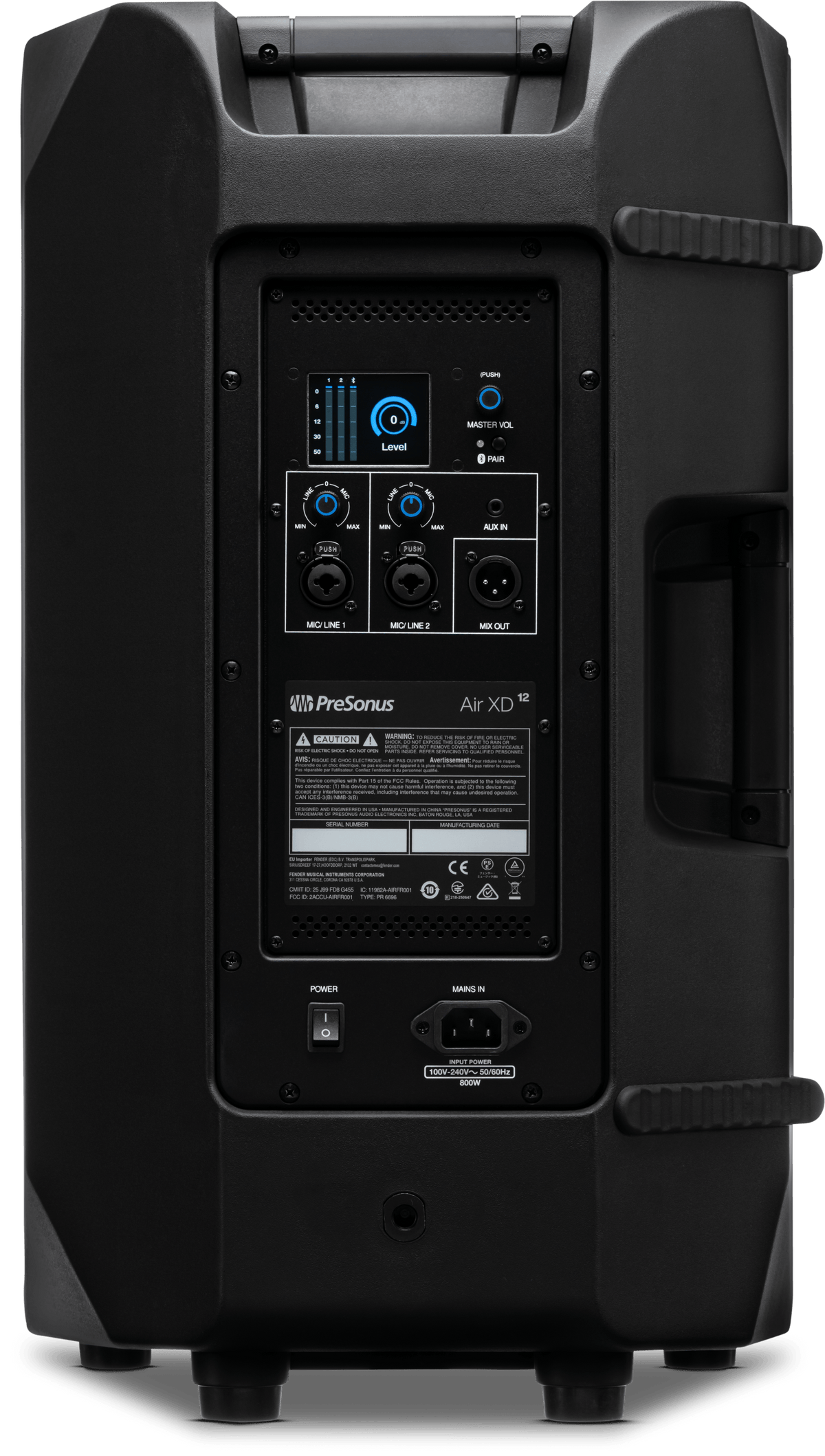 Cabina activa PreSonus AIR XD 12 vista posterior completa sobre fondo blanco