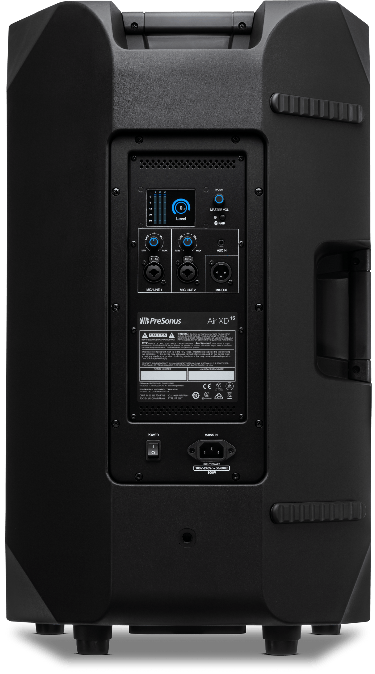 Cabina activa PreSonus AIR XD 15 vista posterior completa sobre fondo blanco