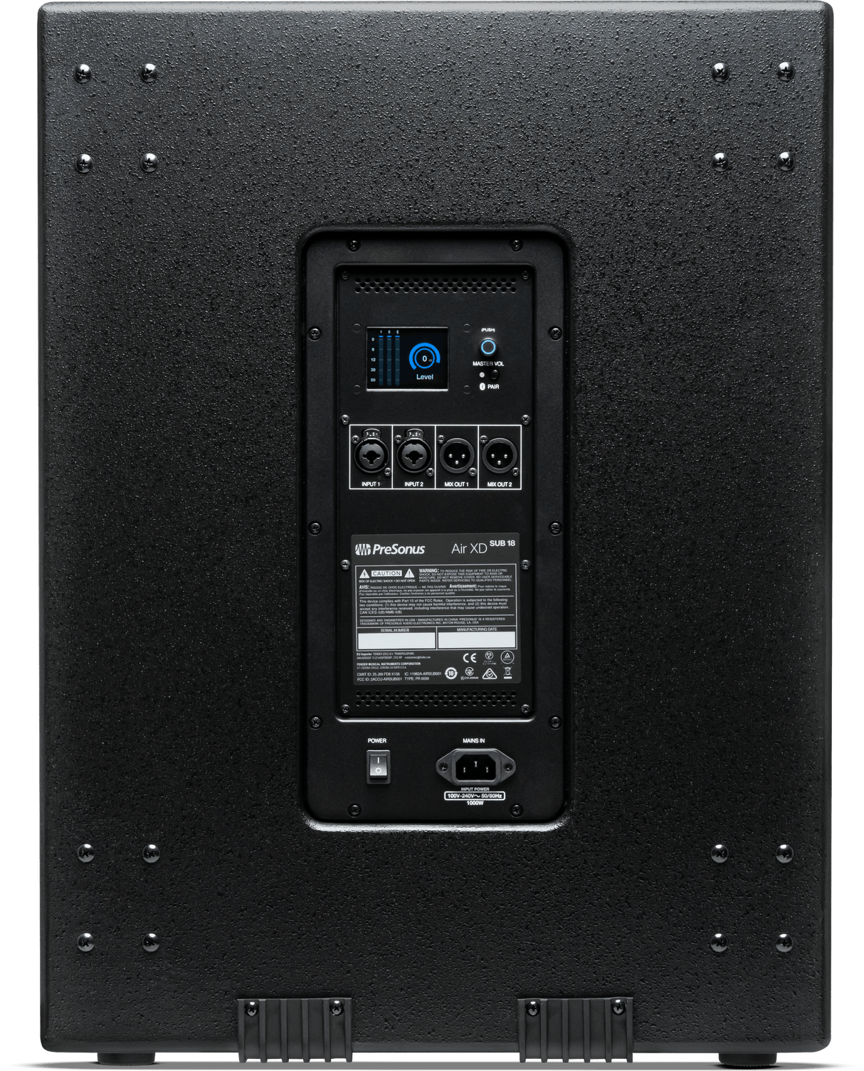 Subwoofer activo PreSonus AIR XD Sub 18 vista posterior completa sobre fondo blanco