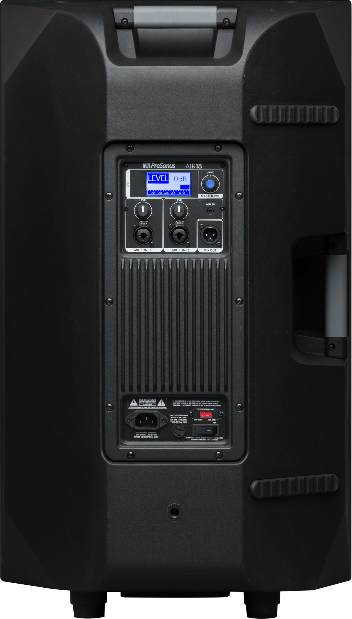 Cabina activa PreSonus AIR15 vista posterior completa sobre fondo blanco