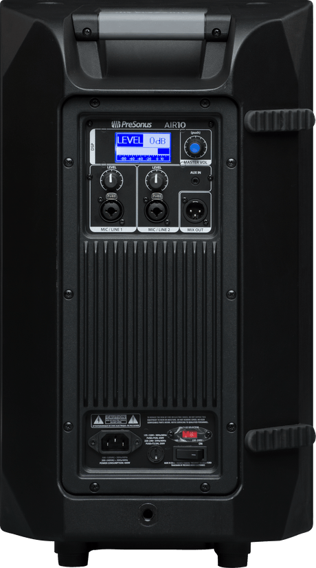 Cabina activa PreSonus AIR10 vista posterior completa sobre fondo blanco