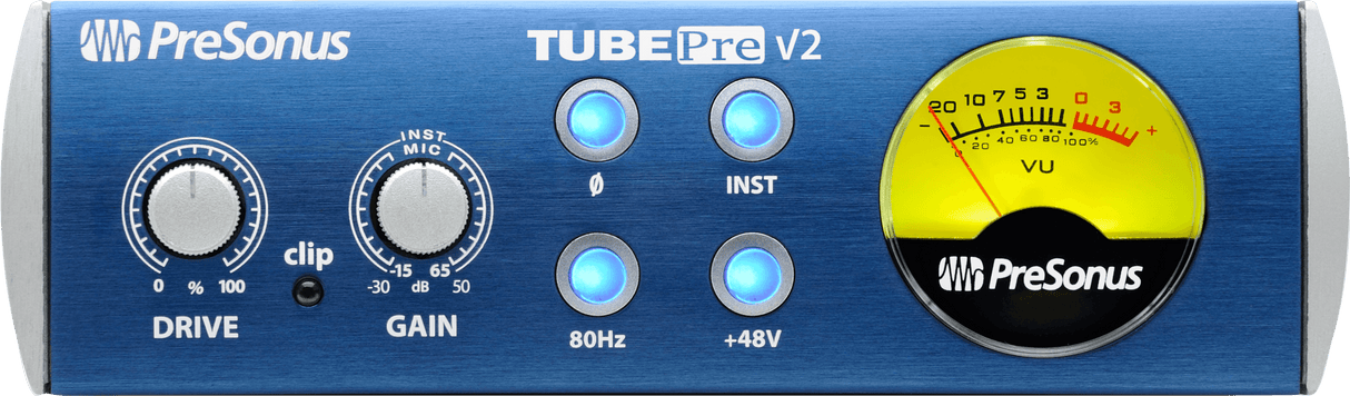 Preamplificador PreSonus TubePre V2 vista frontal completa sobre fondo blanco