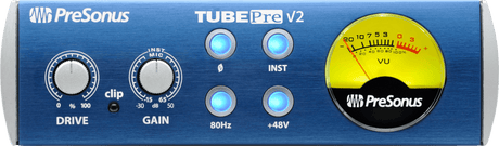 Preamplificador PreSonus TubePre V2 vista frontal completa sobre fondo blanco