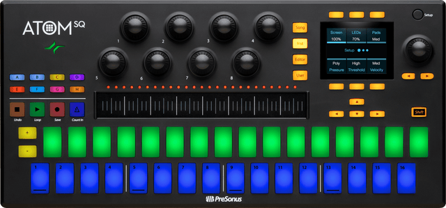 Controlador MIDI PreSonus ATOM SQ vista principal completa sobre fondo blanco