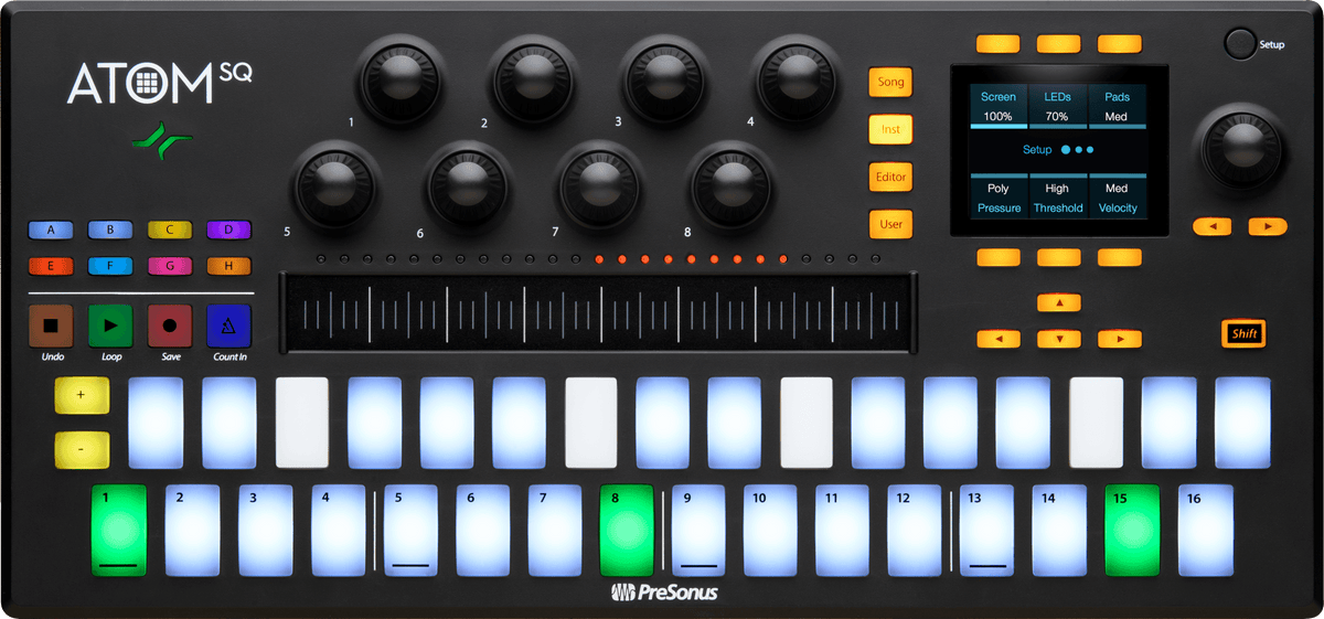 Controlador MIDI PreSonus ATOM SQ vista secundaria completa sobre fondo blanco