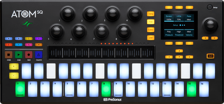 Controlador MIDI PreSonus ATOM SQ vista secundaria completa sobre fondo blanco