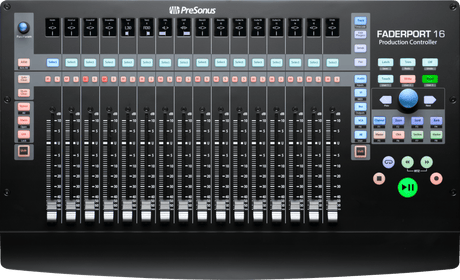 Superficie de control PreSonus FaderPort 16 vista principal completa sobre fondo blanco