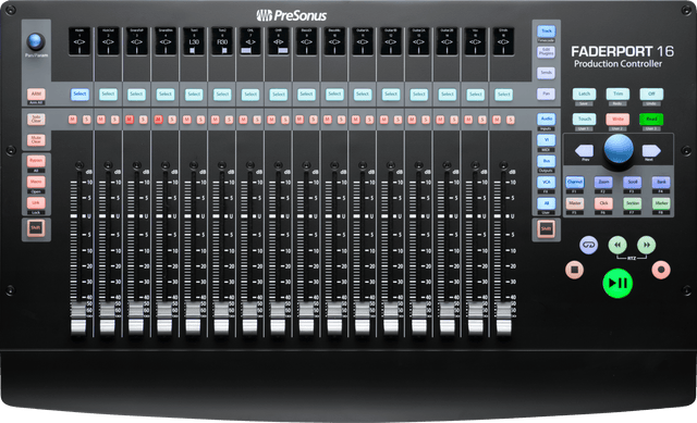 Superficie de control PreSonus FaderPort 16 vista principal completa sobre fondo blanco