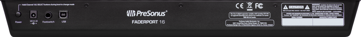 Superficie de control PreSonus FaderPort 16 vista secundaria completa sobre fondo blanco